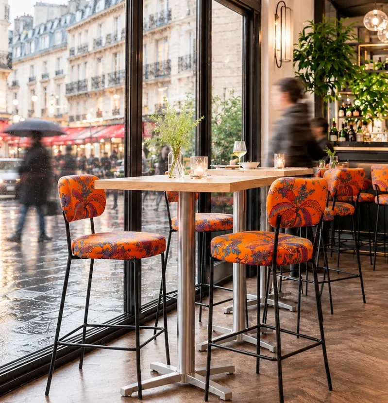 1 juillet (10) Aménagement de terrasse de restaurant avec mobilier coloré dans un espace vitré par temps de pluie.