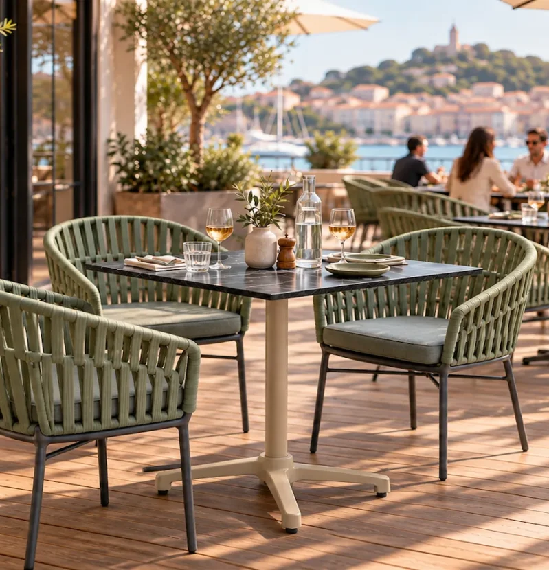 16 septembre (21) Terrasse de restaurant conviviale avec fauteuils confortables et tables face au port.