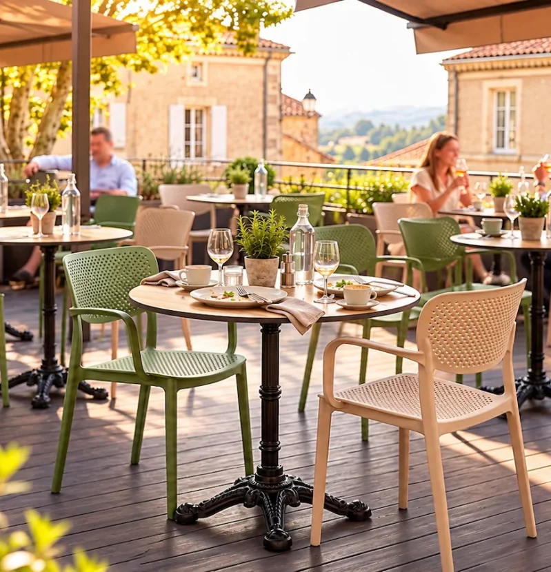 30septembre (23) Terrasse de restaurant aménagée avec des tables dressées et des chaises vertes et beiges.