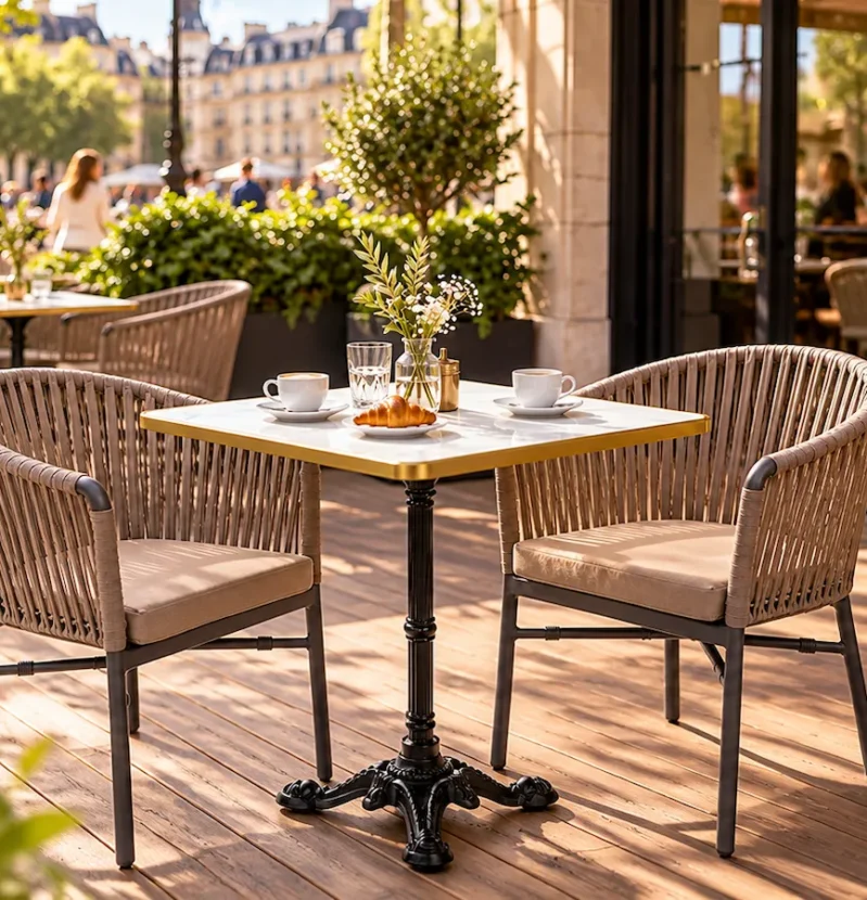 9 septembre (20) errasse de restaurant avec table et chaises au style naturel, dans une ambiance conviviale.