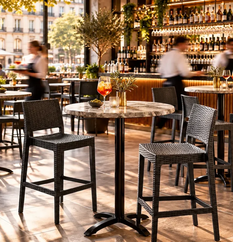 14 octobre (24) Bar de restaurant avec comptoir en bois, tabourets hauts et tables équipées de mobilier professionnel.